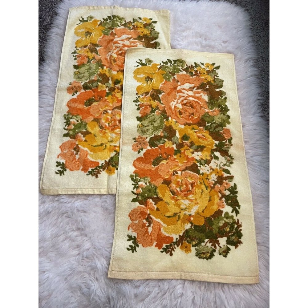 Vintage Martex Yellow Floral Cotton Hand Towels Set of 2